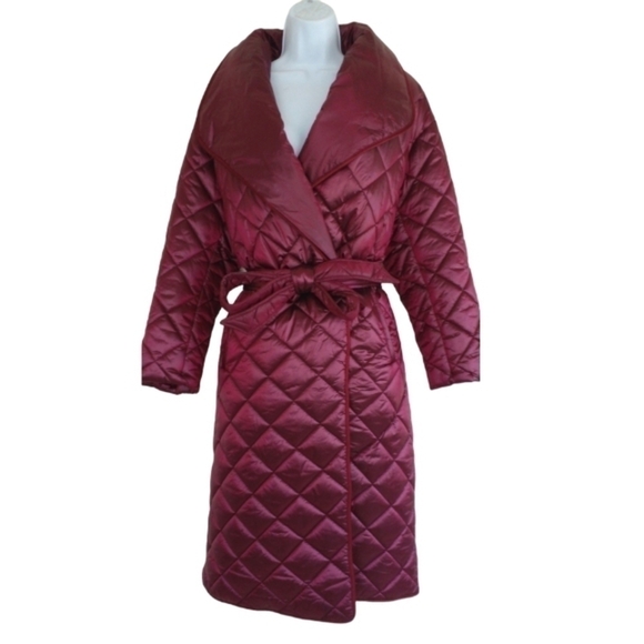Cleo Women's Belted Quilted Puffer Trench Coat Maroon Red Large - Picture 8 of 10